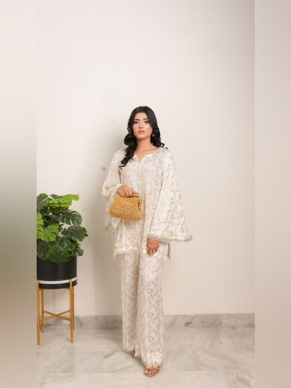 Cream Floral Boot-Cut Pants & Tunic Set